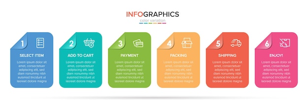 Template for shopping infographics Six options or steps with icons and text