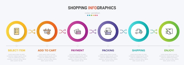 Template for shopping infographics Six options or steps with icons and text