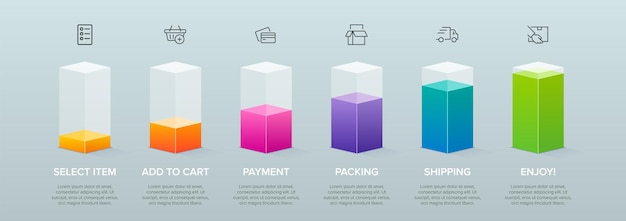 Template for shopping infographics Six options or steps with icons and text