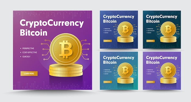 Template of social media square banner with a stack of gold coins crypto currency bitcoin.