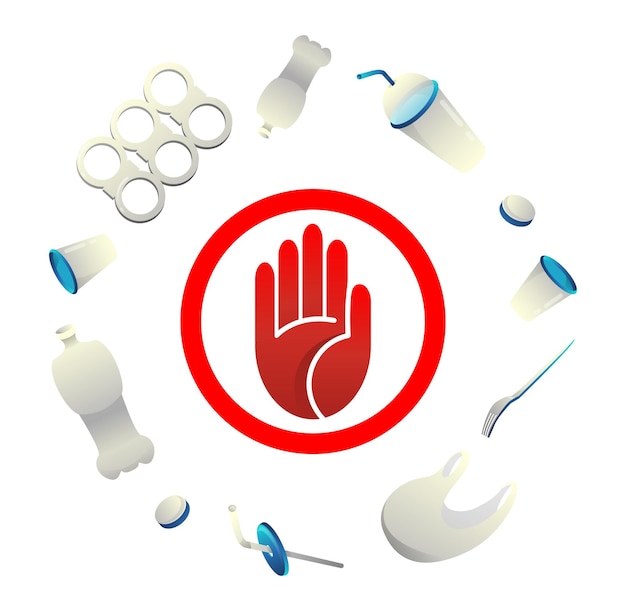 Template for stop plastic pollution banner with red hand sign in circle and trash around Set element