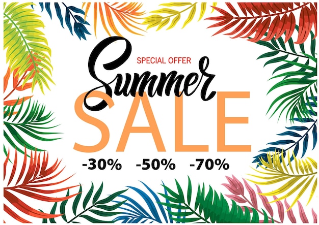 Template for summer sale. Tropical leaves, glasses with martini. lettering. for flyers, banners