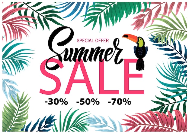 Template for summer sale. Tropical leaves, glasses with martini. lettering. for flyers, banners