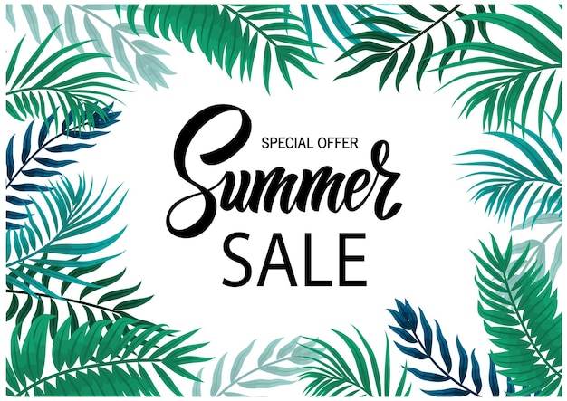 Template for summer sale. tropical leaves, toucan. lettering