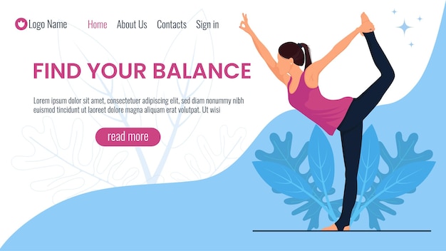 Template for web landing page with girl doing yoga exercises