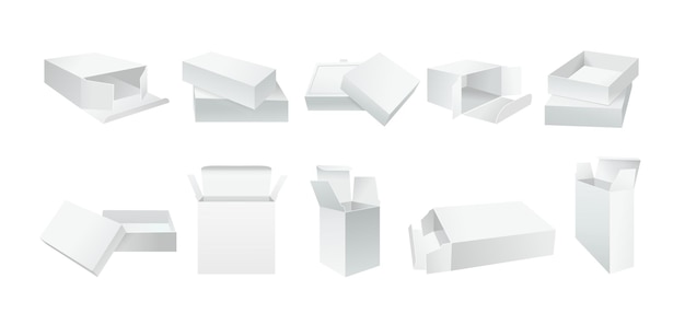 Template white box set. Blank realistic product packaging gift boxes collection. Opened, closed paper package. Realistic white carton cardboard angle side.