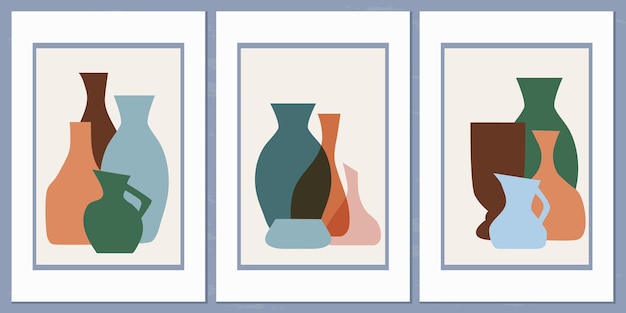 Template with abstract composition of different vases and pots of simple shapes in Collage Style