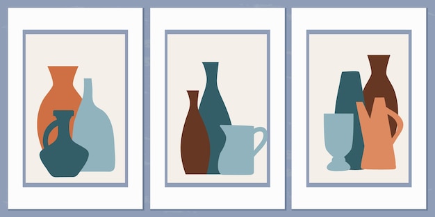 Template with abstract composition of different vases and pots of simple shapes in Collage Style