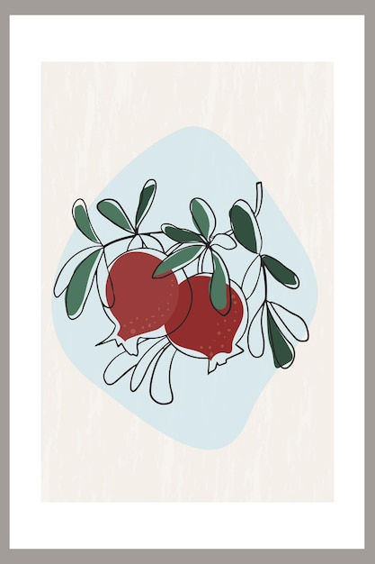 Template with an abstract composition of pomegranate fruit on a branch with leaves