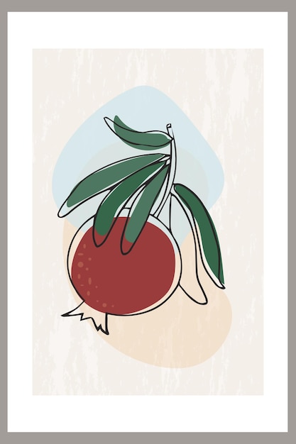 Template with abstract composition of Pomegranate fruit on a branch with leaves