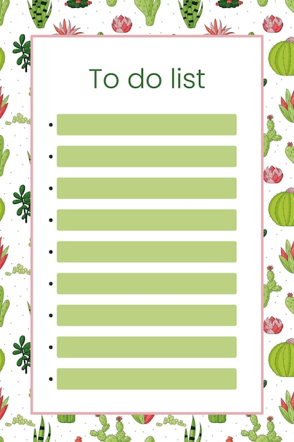 Vector templates page to do list for notes and goal. daily planner, schedule, with doodle hand drawn cacti.