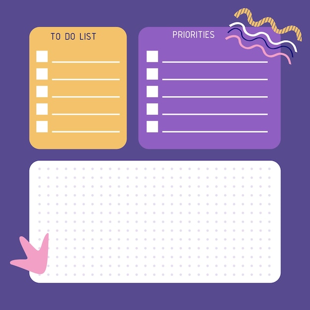 Templates of todo lists notes tasks and cost lists A planner for the organization of time