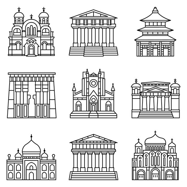 Vector temple icon set. outline set of temple vector icons