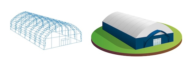 Temporary industrial d tent and barn construction building wireframe set awning tarpaulin warehouse