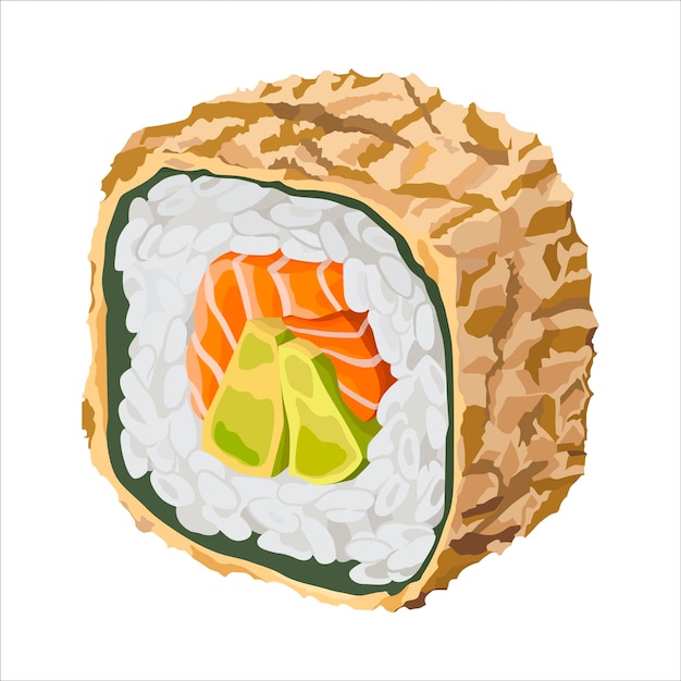 Tempura sushi roll with salmon and avocado Isolated vector illustration