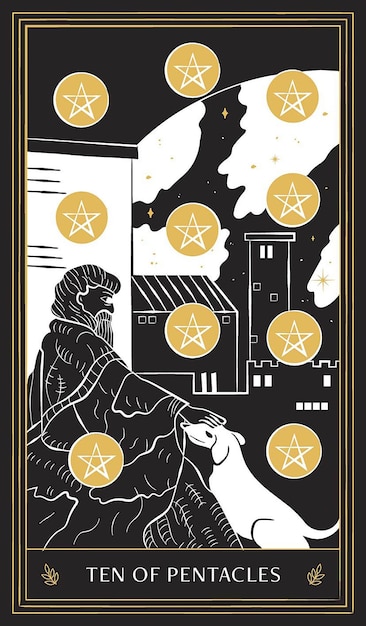 Ten of Pentacles Tarot Card in Minor Arcana with Black Gold and White Hand Drawn Vector Doodle