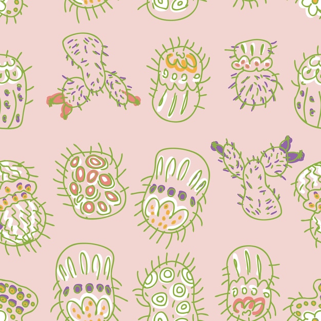 Tender summer seamless pattern of cacti doodles Perfect for Tshirt textile and prints Hand drawn vector illustration for decor and design