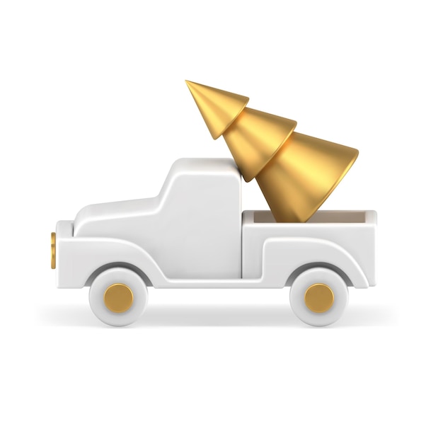 Tender white glossy pickup carrying golden luxury minimalist Xmas spruce realistic vector