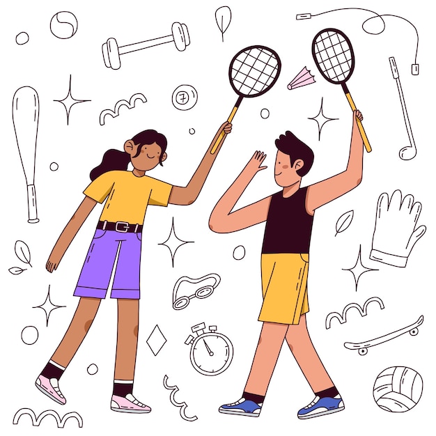 Tennis badminton sports flat illustration. Two people play in summer. Woman and man with racket