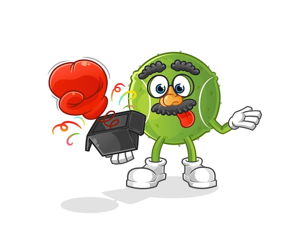 Tennis ball prank glove in the box. cartoon mascot