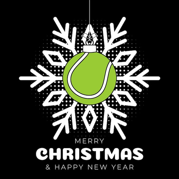 Tennis christmas greeting card Merry Christmas and Happy New Year outline style flat cartoon Sports banner tennis ball as a xmas ball on black background Vector illustration