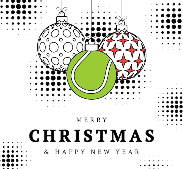 Tennis christmas greeting card in trendy line style Merry Christmas and Happy New Year outline cartoon Sports banner tennis ball as a xmas ball on white background Vector illustration