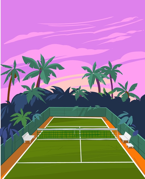 Tennis court Summer resort vector color illustration background for poster flyer banner