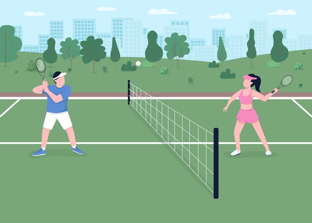 Tennis game flat color illustration. Outdoor courts for tournament match. Active lifestyle. Player hit ball over net. Athlete couple 2D cartoon characters with landscape on background