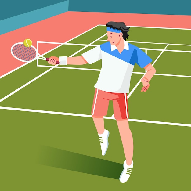 A tennis player is preparing to hit a tennis ball in a match in the tennis court vector illustration