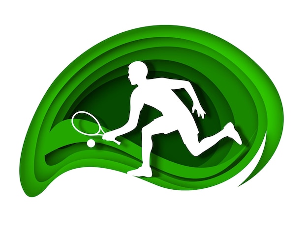 Tennis player with racket and ball white silhouette vector paper cut illustration tennis sport game ...