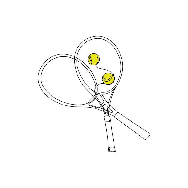 Tennis rackets and balls. One line art. Tennis game. Sports equipment. Vector illustration