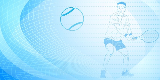 Tennis themed background in blue tones with abstract curves lines and dots with a male tennis player in action holding a racket to hit the ball away