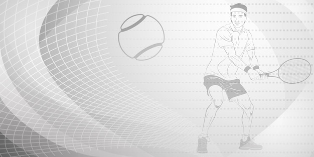 Tennis themed background in gray tones with abstract curves lines and dots with a male tennis player in action holding a racket to hit the ball away