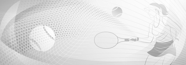 Tennis themed background in gray tones with abstract lines curves and dots with a female tennis player in action swinging a racket to hit the ball away