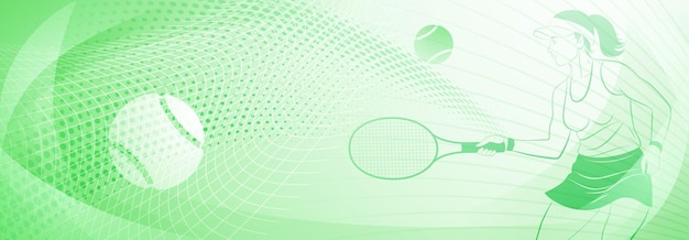 Tennis themed background in light green tones with abstract lines curves and dots with a female tennis player in action swinging a racket to hit the ball away