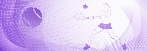 Tennis themed background in purple tones with abstract lines curves and dots with a female tennis player in action swinging a racket to hit the ball away