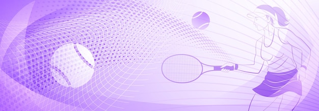 Tennis themed background in purple tones with abstract lines curves and dots with a female tennis player in action swinging a racket to hit the ball away