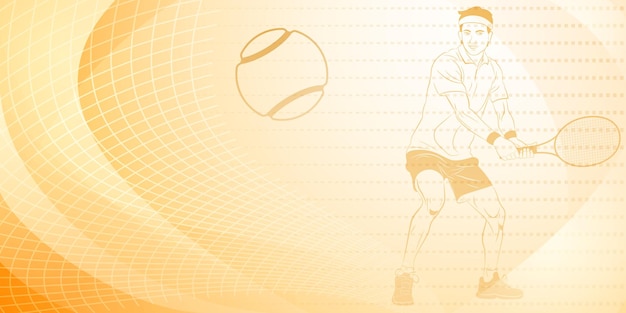 Tennis themed background in yellow tones with abstract curves lines and dots with a male tennis player in action holding a racket to hit the ball away