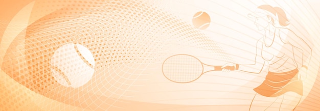 Tennis themed background in yellow tones with abstract lines curves and dots with a female tennis player in action swinging a racket to hit the ball away