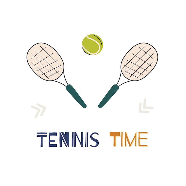 Tennis time poster with rackets. Cute cartoon style.