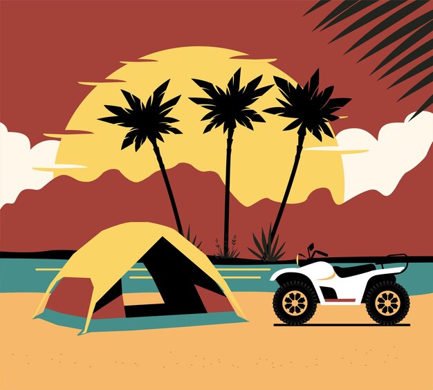 Tent and ATV on background of abstract tropical landscape. 