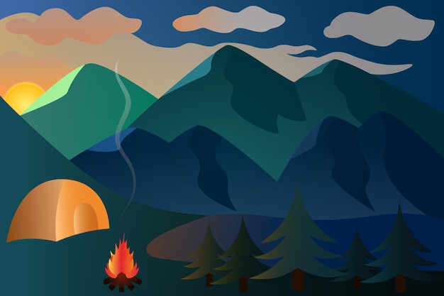 Tent and campfire by the lake mountain landscape and sunset