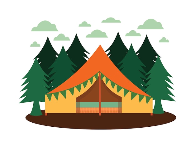 Vector tent in the forest with trees and clouds.