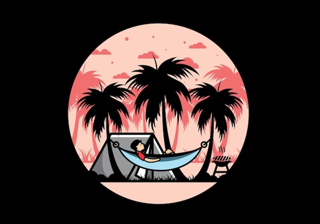 Tent and hammock with coconut trees illustration