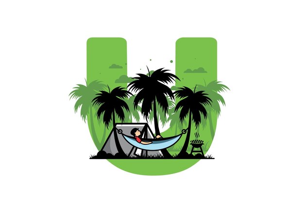 Tent and hammock with coconut trees illustration