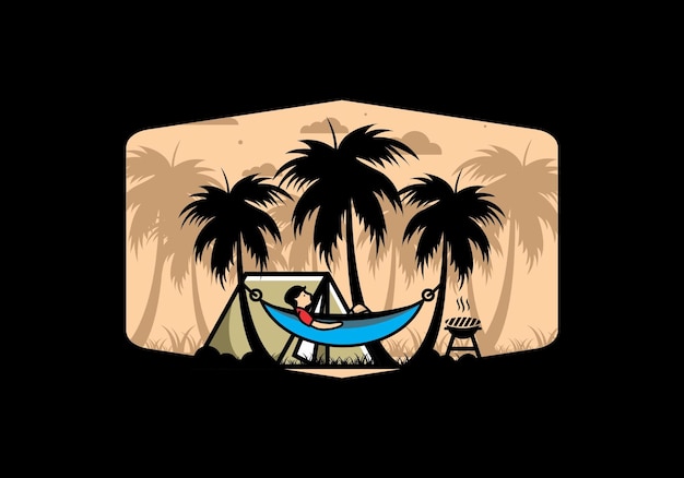 Tent and hammock with coconut trees illustration