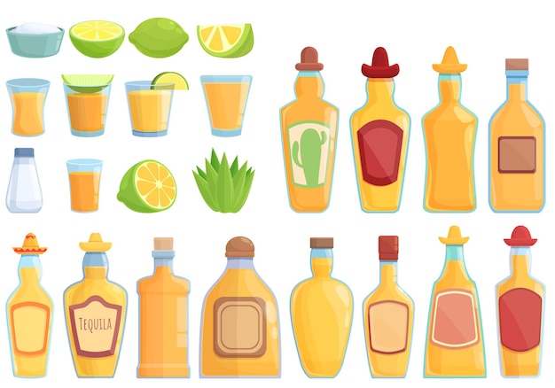 Tequila icons set cartoon vector. Mexico alcohol. Coctail shot