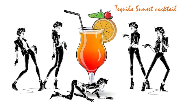 Tequila Sunset cocktail. Fashion girl in style sketch with cocktail. Vector Illustration