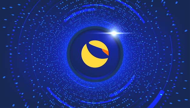 Terra coin LUNA with crypto currency themed banner Terra or LUNA icon on modern neon color background