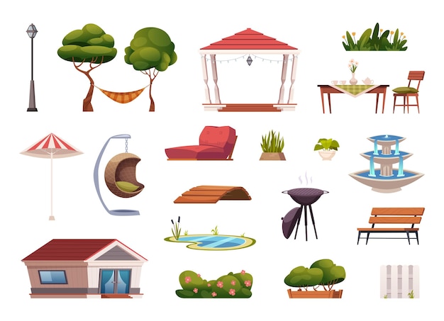 Terrace furniture Gardening items for working and relax time fireplace tables bbq chairs hammock gazebo exact vector templates